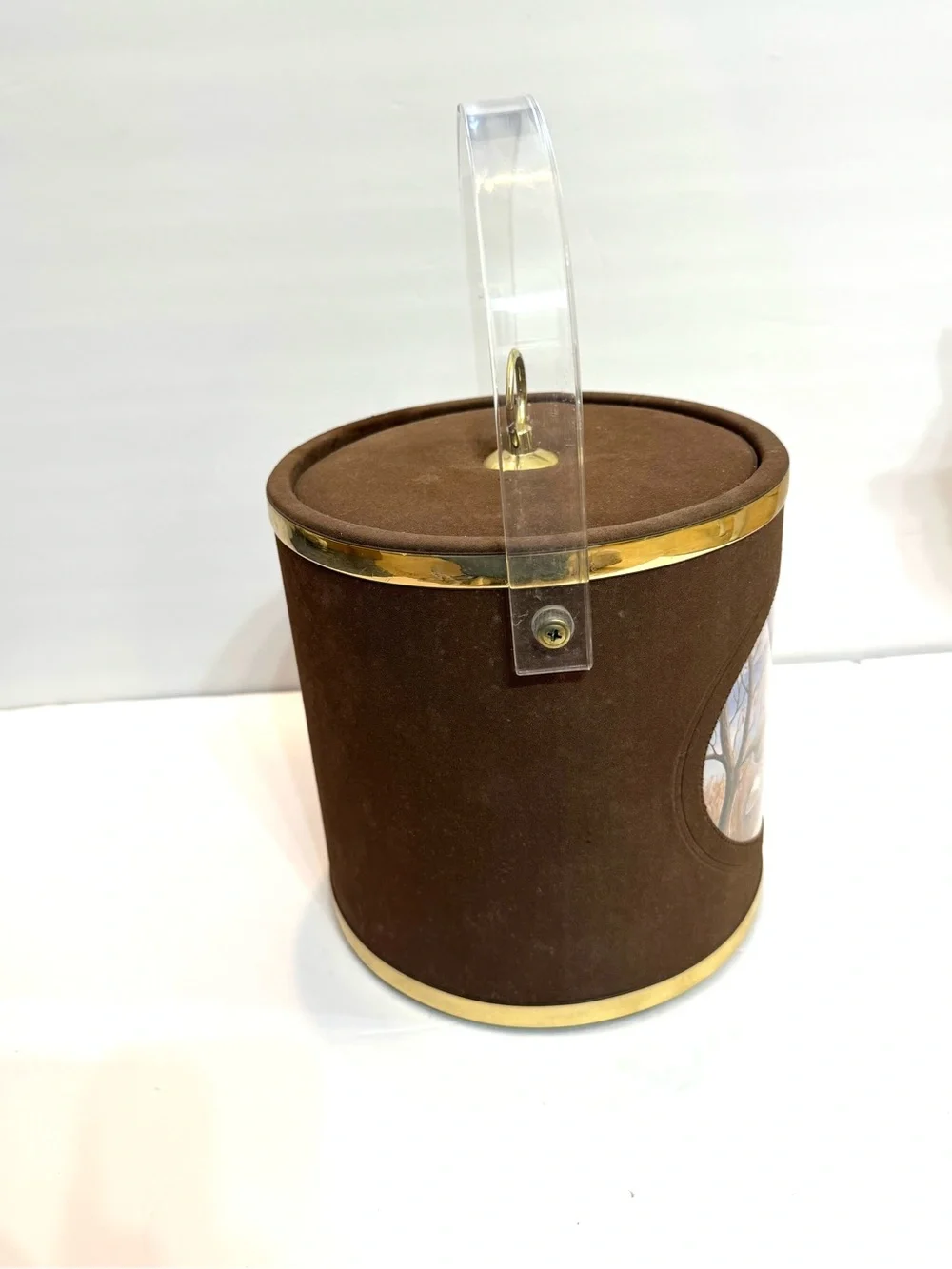Ice bucket Vintage Retro Insulated Gold brown Suede plastic lining lucite handle